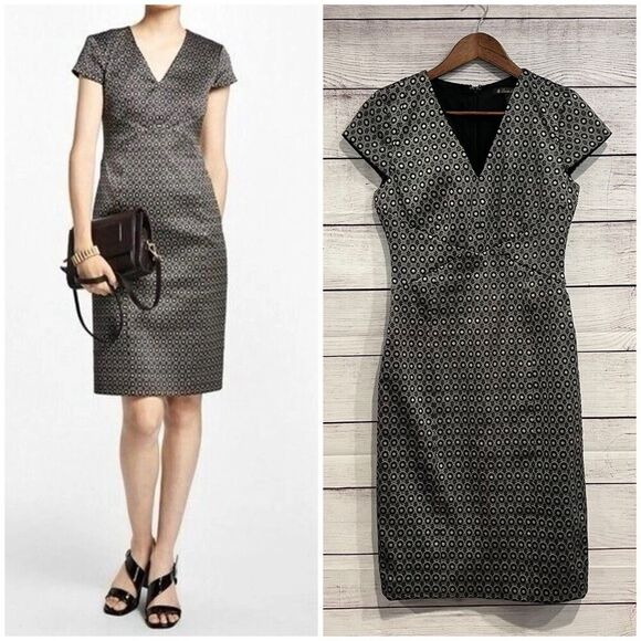 Brooks Brothers Dresses & Skirts - Brooks Brothers Sheath Dress Black Silver Geometric Star Jacguard Size 2 Office